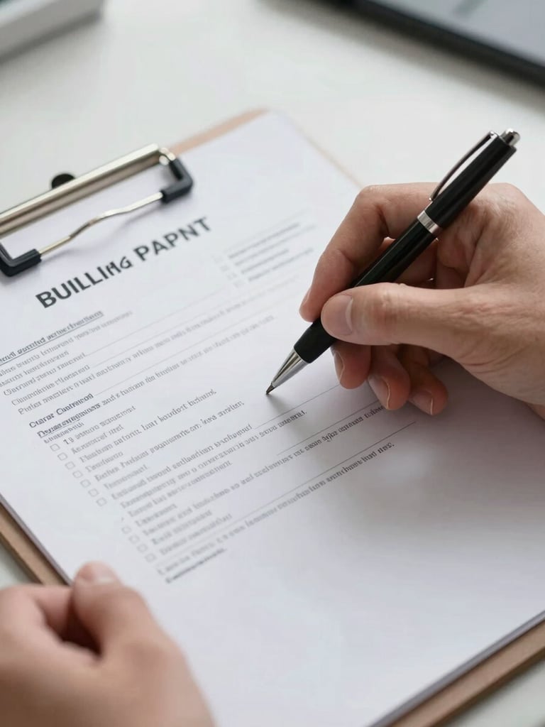 Close-up of a clipboard with building permit documents, hands holding a pen checking off security requirements, clean industrial background.