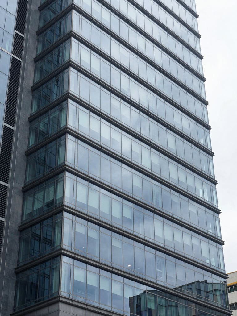 A modern South African business district building facade, clean glass architecture reflecting bright overcast daylight, cool blue and slate tones.