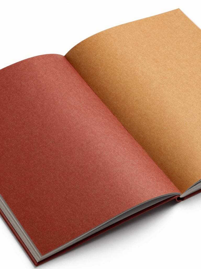Close-up editorial photograph of a printed brand manual open to a spread — deep terracotta and ochre color fields printed on uncoated stock, tight crop showing paper texture and ink density, studio strobe lighting from above