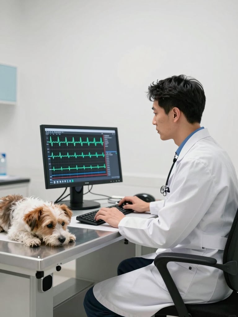 Wide clinical interior, a veterinarian in a white coat seated at a monitor displaying ECG waveforms, stethoscope around neck, focused gaze on the screen, a small dog resting on the exam table to the left, even studio lighting, no shadows, clean white walls