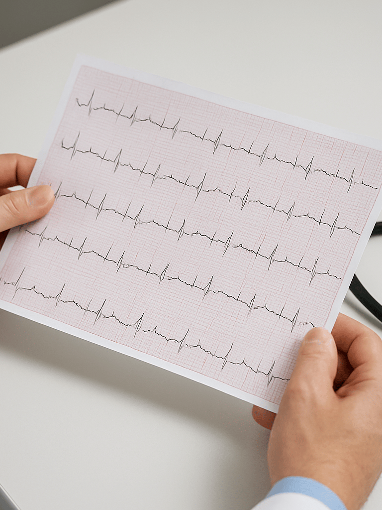 Close-up of veterinarian hands holding a printed ECG report over a clinical desk, electrocardiogram waveform clearly visible on paper, stethoscope resting beside it, even studio lighting, sharp clinical detail