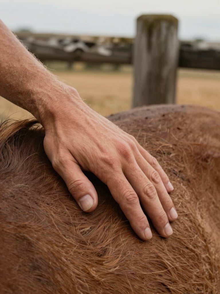 Extreme close-up of a human hand resting open on a horse's neck, coarse mane hair visible under warm overcast light, weathered wooden fence post blurred in the background, Oakdale pasture implied by dry golden earth