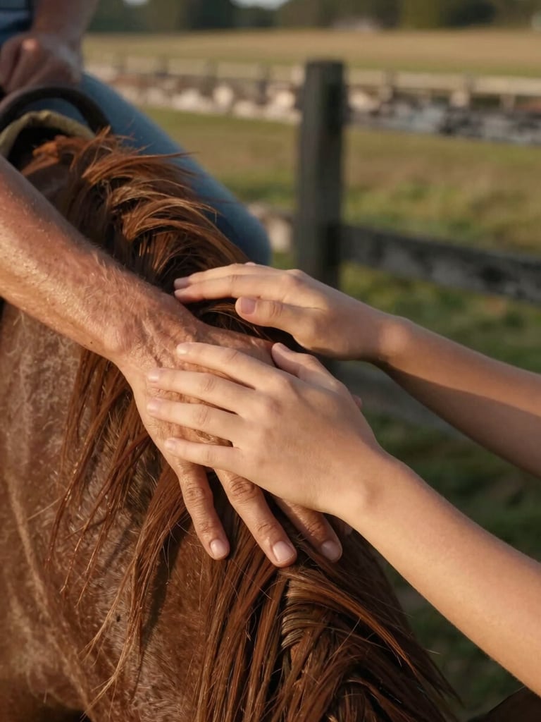 Close-up detail, two pairs of hands — one adult, one child — resting together on a horse's mane in soft golden-hour light, weathered wood fence blurred in the background, Oakdale pasture visible beyond, no faces shown