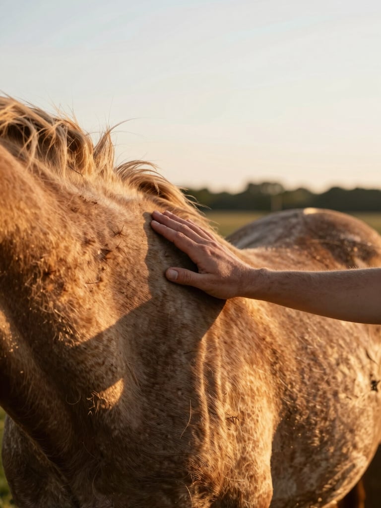 Wide environmental shot, Oakdale golden-hour light, a human hand resting open on a horse's neck at the left third of the frame, weathered mane hair visible, warm amber light raking across the coat, out-of-focus pasture fence in the far background, intimate and still
