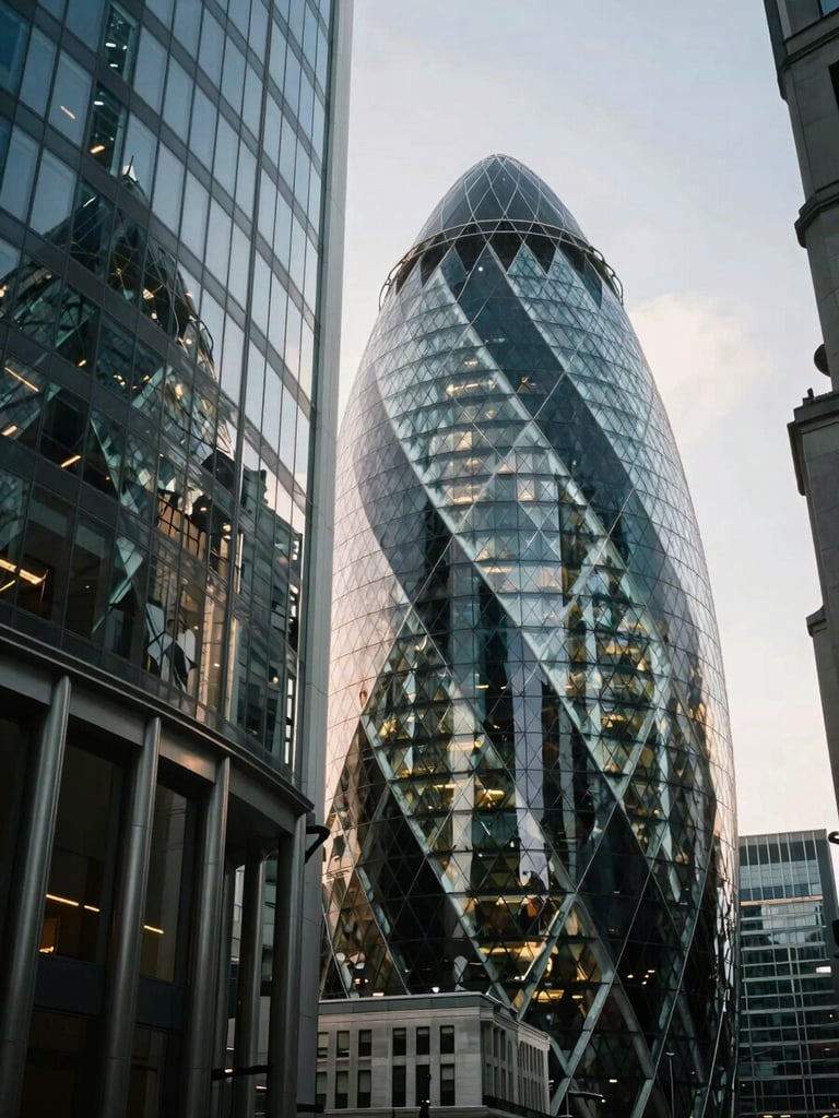 Low-angle architectural shot of the City of London financial district, structural glass and steel reflecting crisp morning light, executive atmosphere, soft focus background.