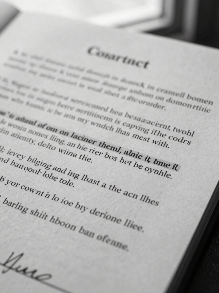 Extreme close-up of a printed contract page, a single clause highlighted under flat overcast window light, stamped signature line visible at lower edge, document texture sharp, no people, black and white