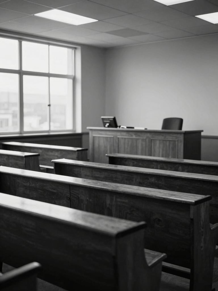 Wide shot of an empty courtroom interior, overcast north-facing window light falling across wooden benches and bare walls, deep perspective toward a raised bench, no people present, high contrast black and white tones