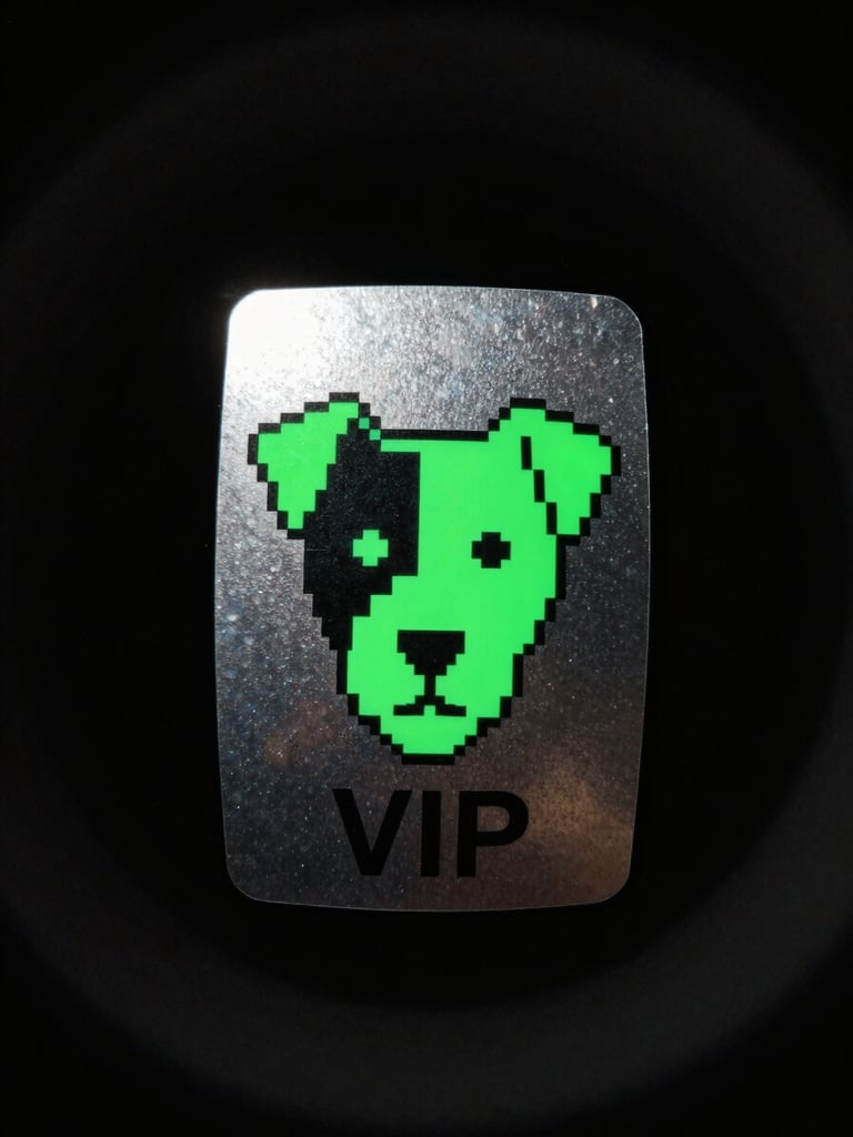 Lo-fi glitch photo of a physical metallic VIP keycard with a pixelated Jack Russell emblem, harsh direct flash, neon green underglow, dark charcoal background
