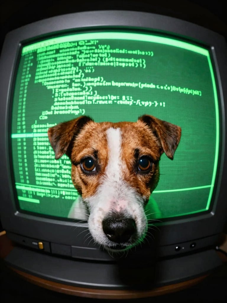 Extreme close-up fisheye photo of a Jack Russell Terrier looking intensely at a neon green CRT monitor displaying glowing code, high contrast, raw digital texture
