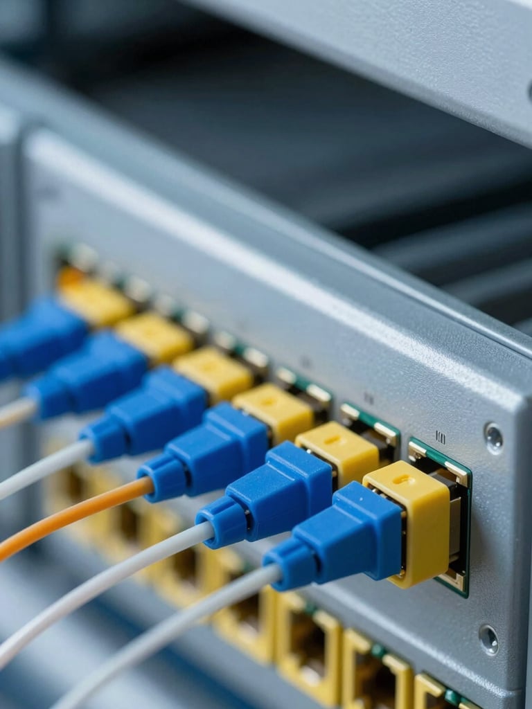 Tight detail shot of fiber optic connectors plugged into a patch panel, LC connectors in blue and yellow housings, cool blue-white task lighting, shallow focus with rack equipment blurred in background
