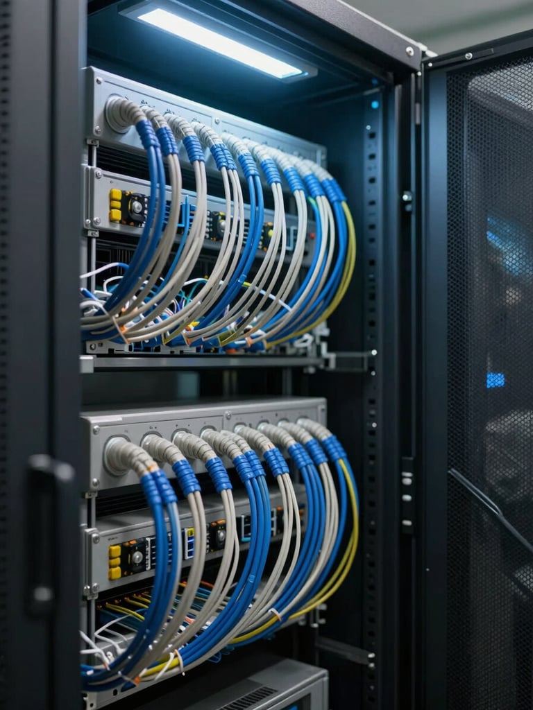 Wide environmental shot of a fiber splice enclosure mounted in a data center cabinet, cool overhead task lighting illuminating dense fiber bundles in blue and grey conduit, shallow depth of field, no people