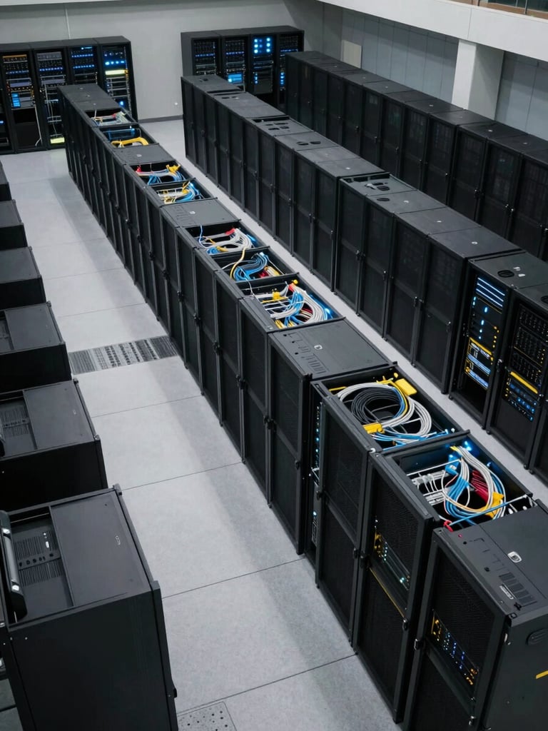 Overhead view of a network operations center floor, multiple server racks arranged in rows, structured cabling in trays visible from above, cool operational lighting, empty of personnel