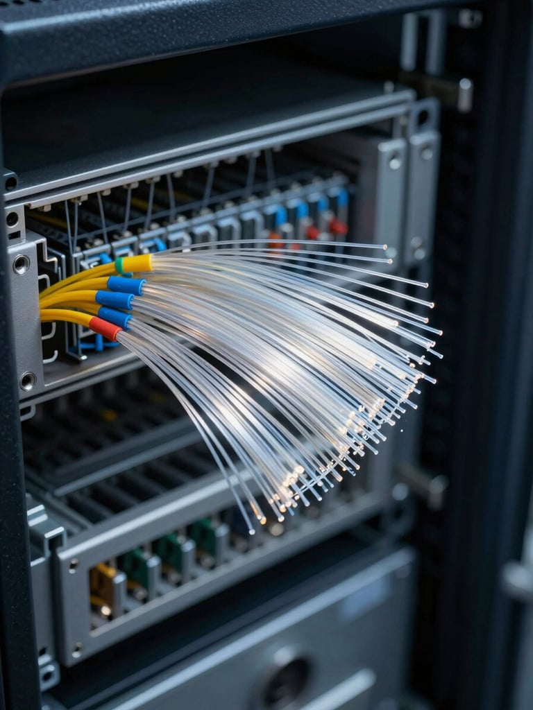 Close-up of a fiber optic splice tray inside a server rack, individual glass fiber strands fanning out under cool white task lighting, dark equipment background, tight detail framing