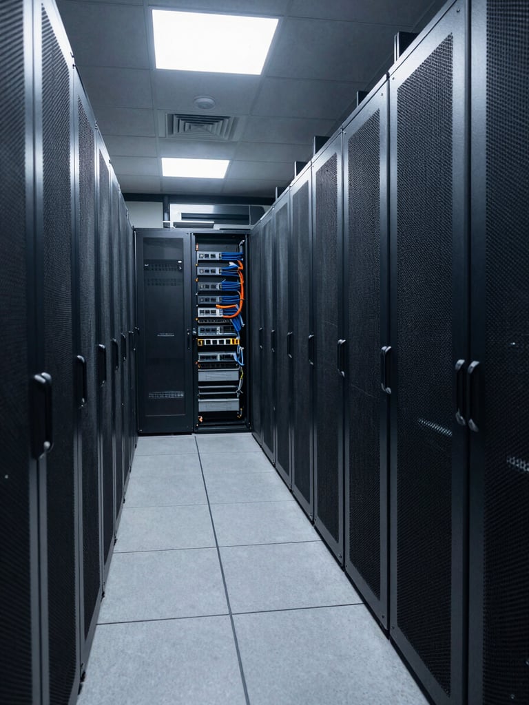 Wide environmental shot of a server room corridor, illuminated rack cabinets receding into the distance, cool white overhead fluorescents, cable management visible between racks, no people
