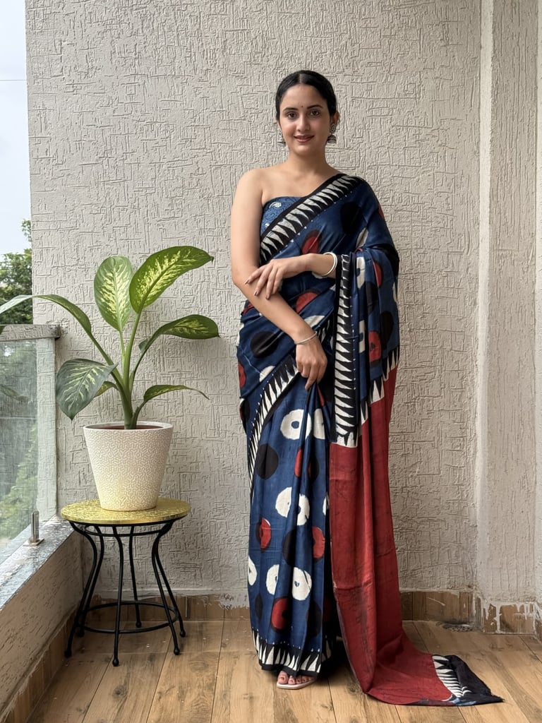 Traditional Ajrakh printed soft cotton mulmul saree