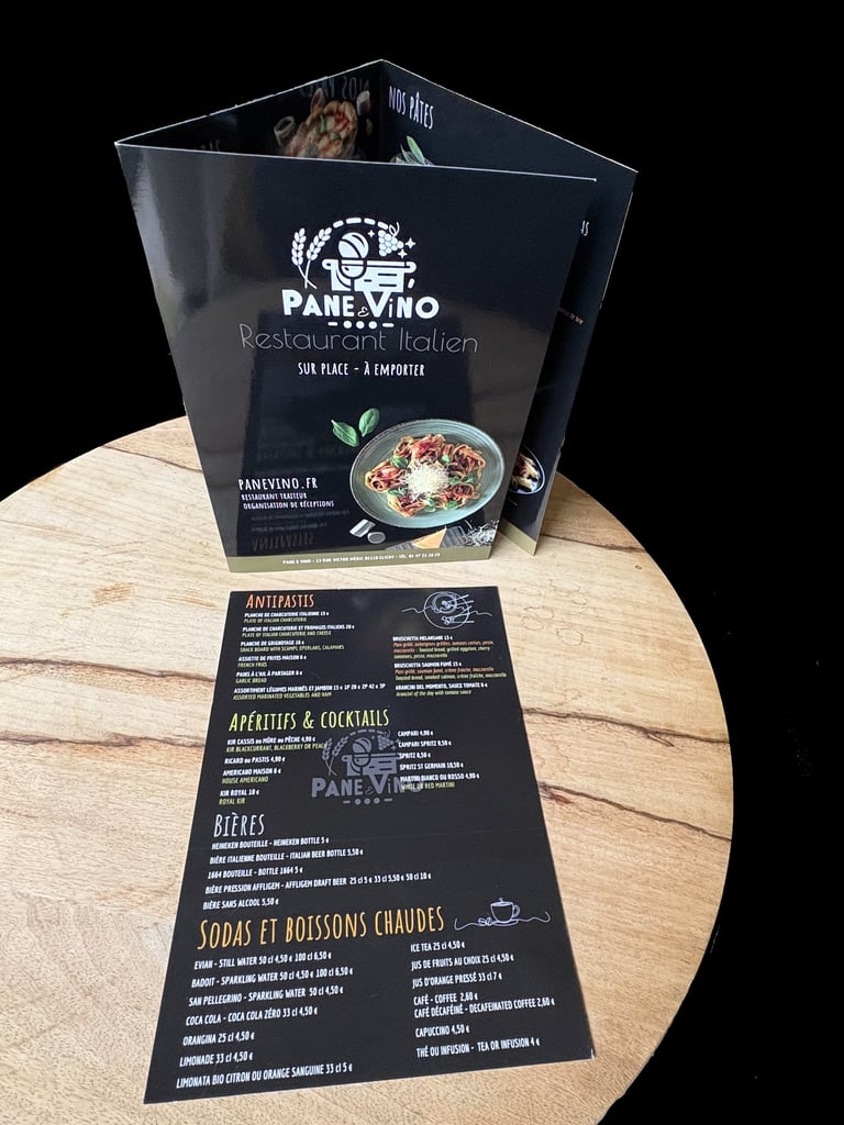 conception et impression cartes menus boissons pane-vino clichy