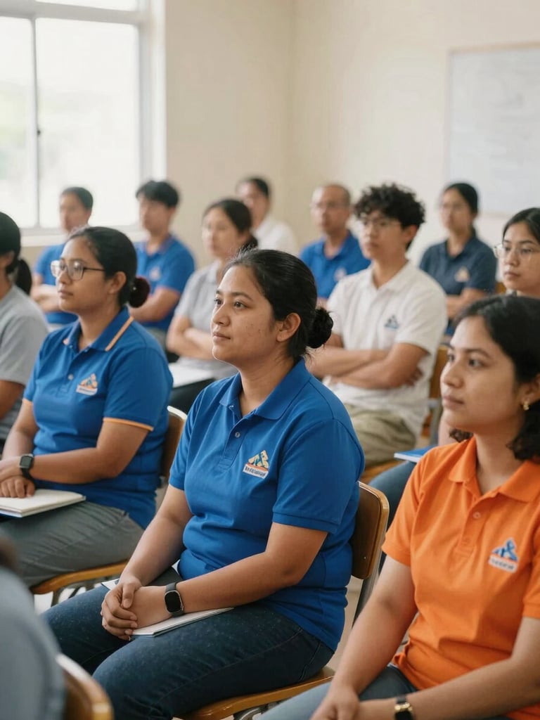 A diverse group of community members sitting in a bright, warm room during an educational workshop, natural daylight, authentic expressions, 35mm editorial style.