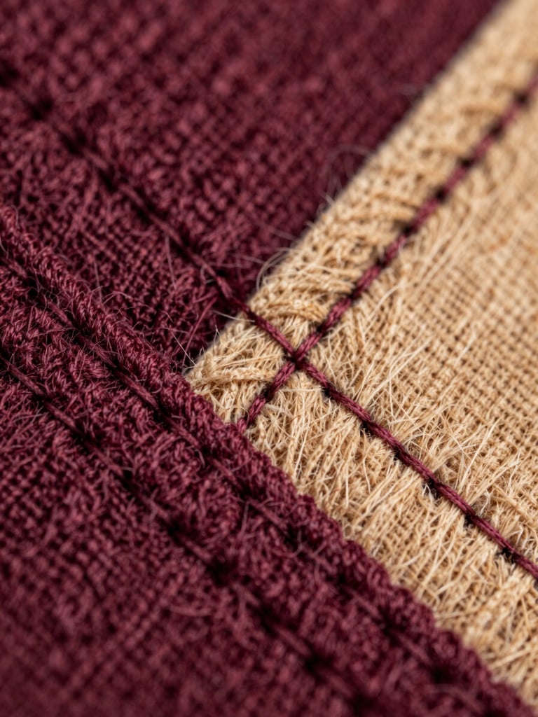 Macro close-up of heavy-gauge wool stitches in deep Cranberry and Warm Sand, showcasing flawless stitch-precision under soft daylight.