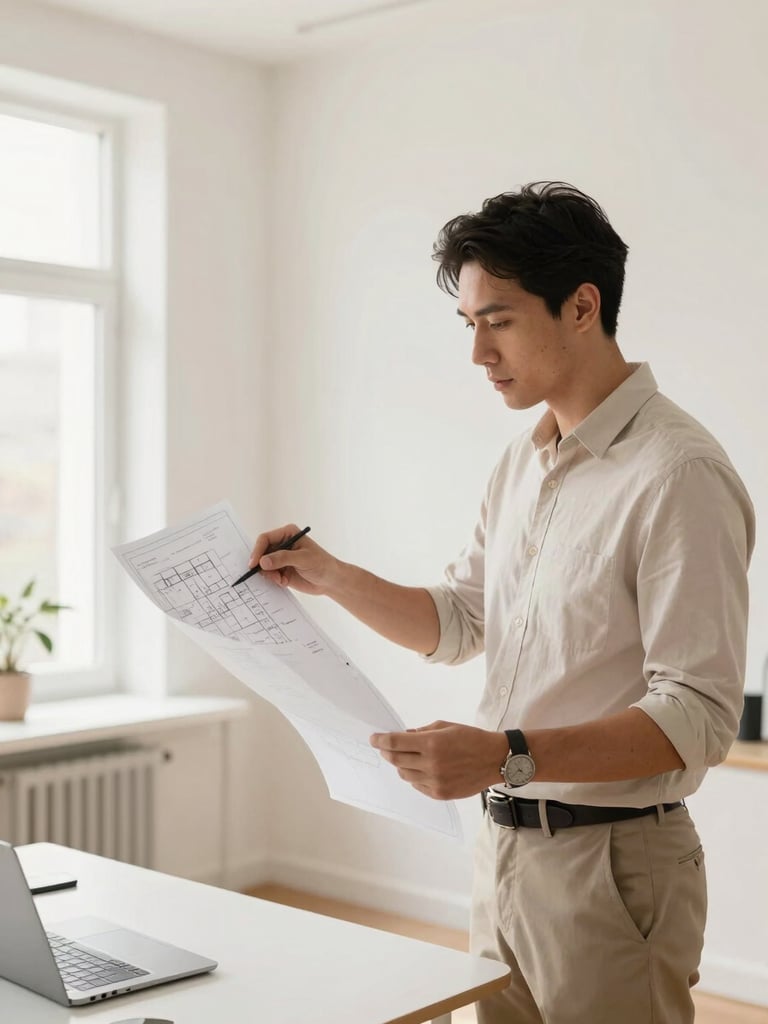 An environmental portrait of a real estate consultant reviewing blueprints in a bright, minimalist office, warm desaturated tones, editorial photography style
