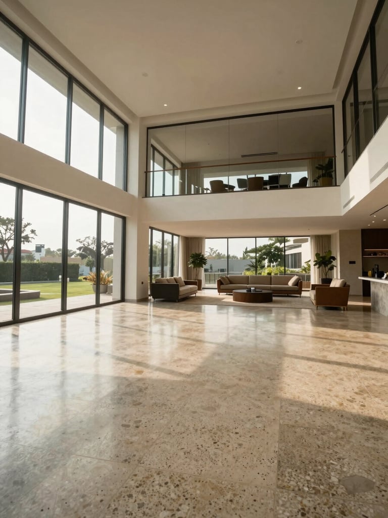 Wide interior of a high-ceiling executive residence in Accra, shot from the far corner of an open-plan living area — polished terrazzo floor extending to floor-to-ceiling glazing, afternoon natural light streaming in from the left, sparse premium furnishings receding into depth, no people, documentary framing emphasising scale and material quality