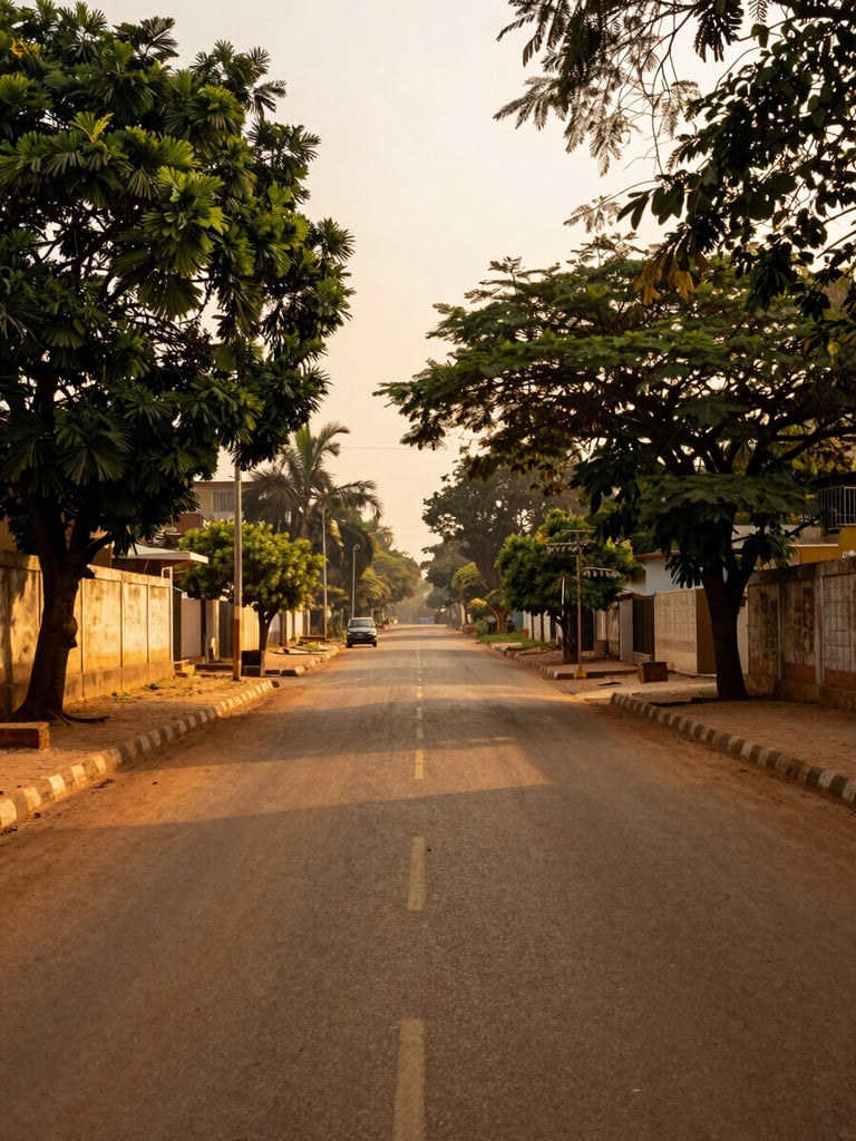 Ground-level environmental shot looking down a wide East Legon boulevard at golden hour — high compound walls with mature trees overhanging, a single parked vehicle in the far distance, warm amber light on the tarmac, no people, generous atmospheric depth
