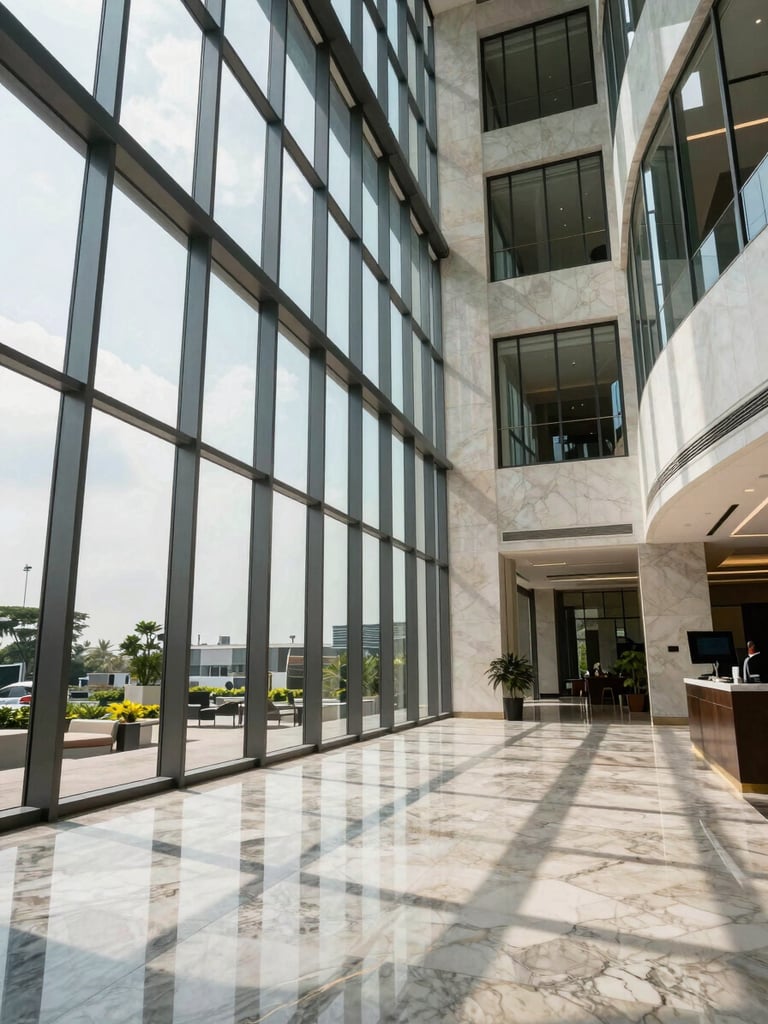 Wide environmental shot looking into a finished high-rise office lobby in Accra, natural daylight flooding through floor-to-ceiling glass, polished marble floors receding into depth, sparingly furnished — no people, emphasising scale and premium finishes