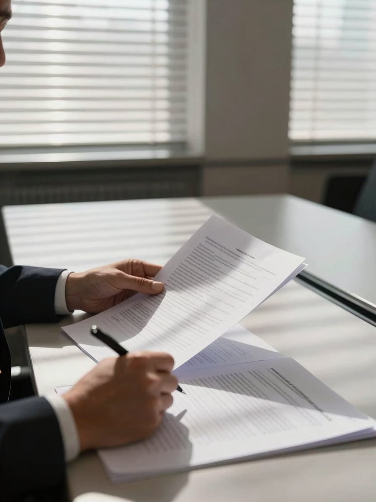 Quiet conference room with papers spread on a long table, a lawyer reviewing printed pages with a pen in hand, soft daylight through venetian blinds casting horizontal lines across the documents