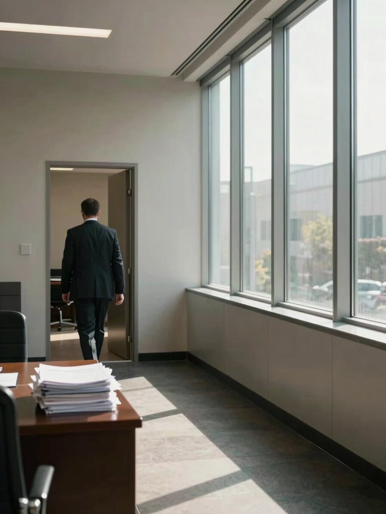 Wide environmental shot of a quiet law office corridor, morning light filtering through tall windows on the right, a lawyer in dark suit partially visible walking toward a conference room door, documents stacked neatly on a side table in the foreground, calm and ordered atmosphere