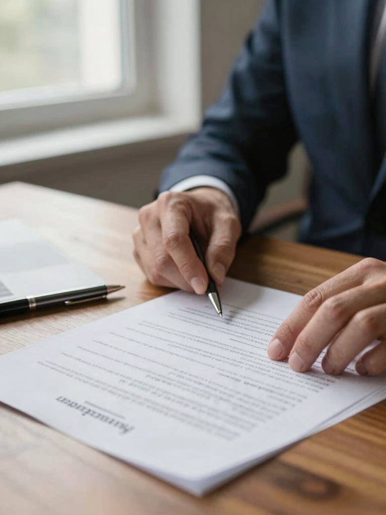 Close-up of lawyer's hands reviewing printed employment contract pages on a wooden desk, natural morning light from a window to the left, pen resting nearby, selective focus on the document text, calm and deliberate atmosphere