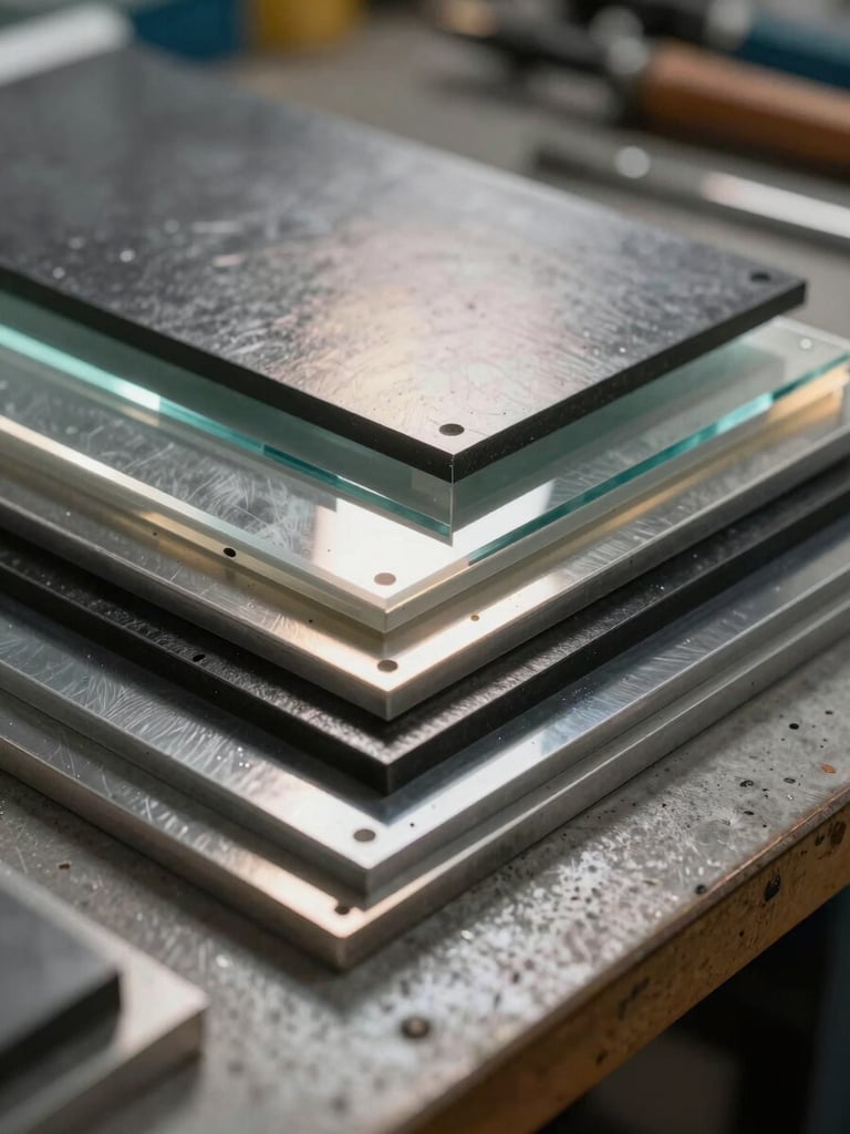 Stacked sample sheets of metal and acrylic on a workshop bench — stainless, galvanil, black iron, clear and colored acrylic — lit by tungsten overhead light, close-up showing material surface texture and cut edges