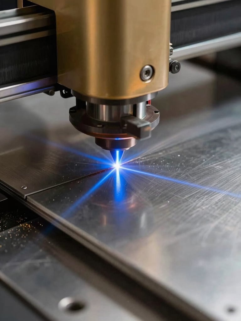 Extreme close-up framing, laser cutter mid-cut on a sheet of polished stainless steel, electric blue laser beam visible at the cut line, tungsten workshop light overhead, fine metal dust catching the light, sharp freshly cut edge in foreground