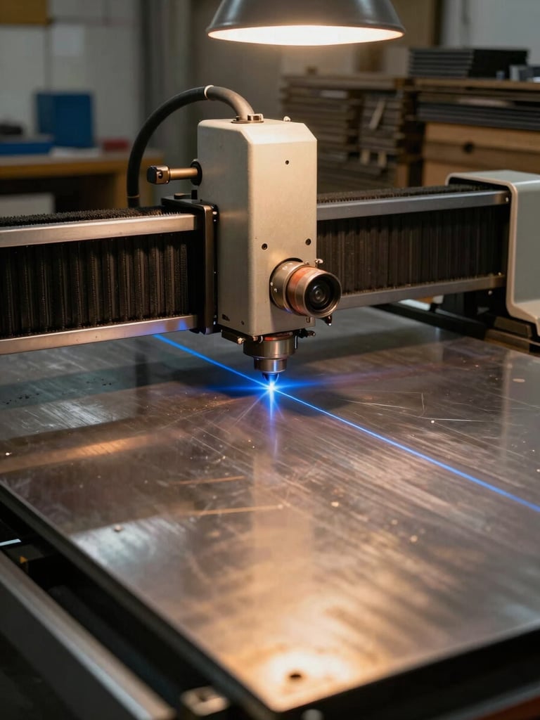 Close-up wide shot of a laser cutter mid-cut on a steel sheet inside a dimly lit workshop, tungsten overhead light casting amber glow on the metal surface, electric blue laser beam visible in the cut line, machinery and raw material stacked in the background