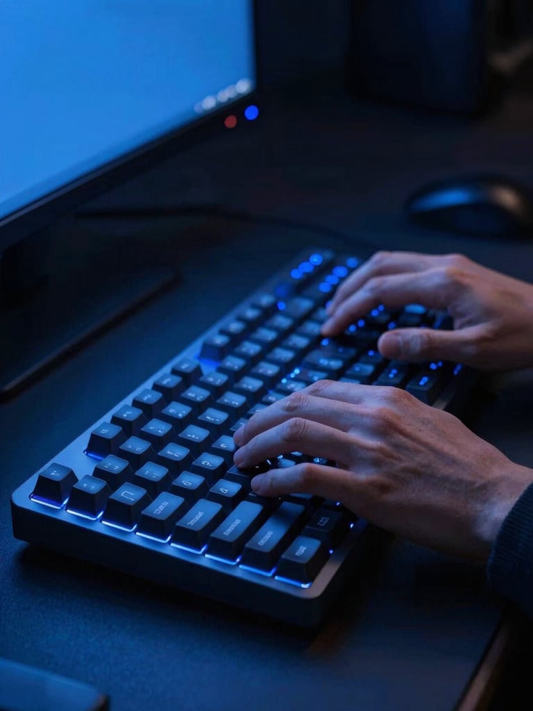 Hands typing on a mechanical keyboard in a dark room, intense blue screen glow, crisp studio lighting, 35mm