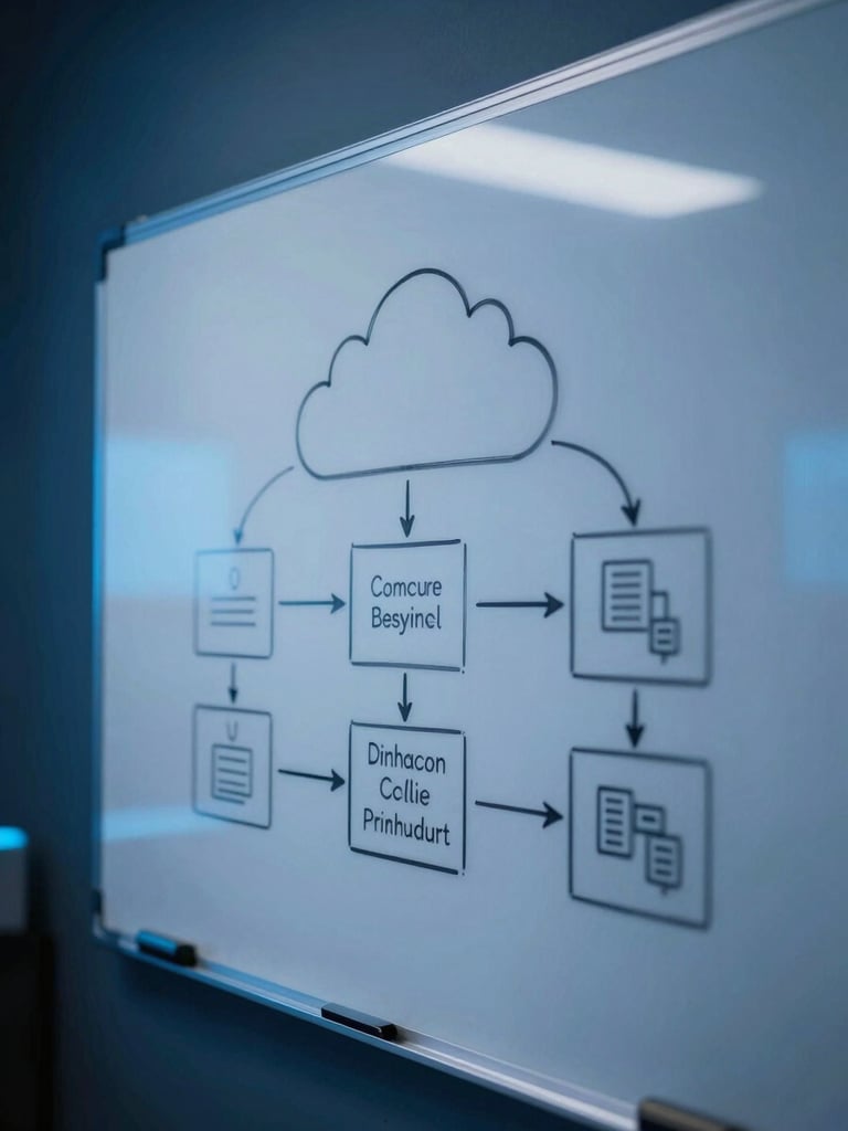 Real-world cloud architecture diagram drawn on a physical whiteboard, cool-toned studio lighting, deep blue accents, shallow depth of field