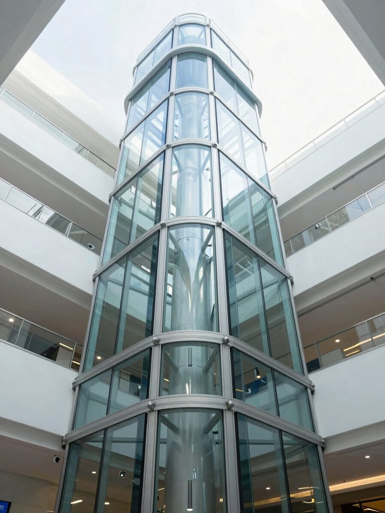 Low-angle architectural photography of a modern glass elevator shaft in a bright atrium, crisp natural daylight, clean blue and white tones