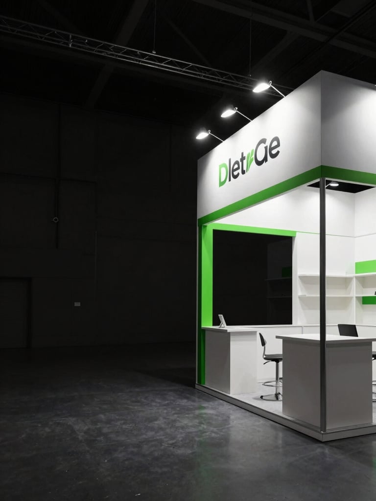 Wide environmental shot from the right edge of frame: a fully illuminated branded retail booth installed in a modern trade-fair hall, dramatic overhead spot lighting cutting through dark charcoal air, fabricated structural elements in crisp white and black, vibrant green accent strip along the booth fascia, no people, no text signage, generous dark negative space on the left side of the frame