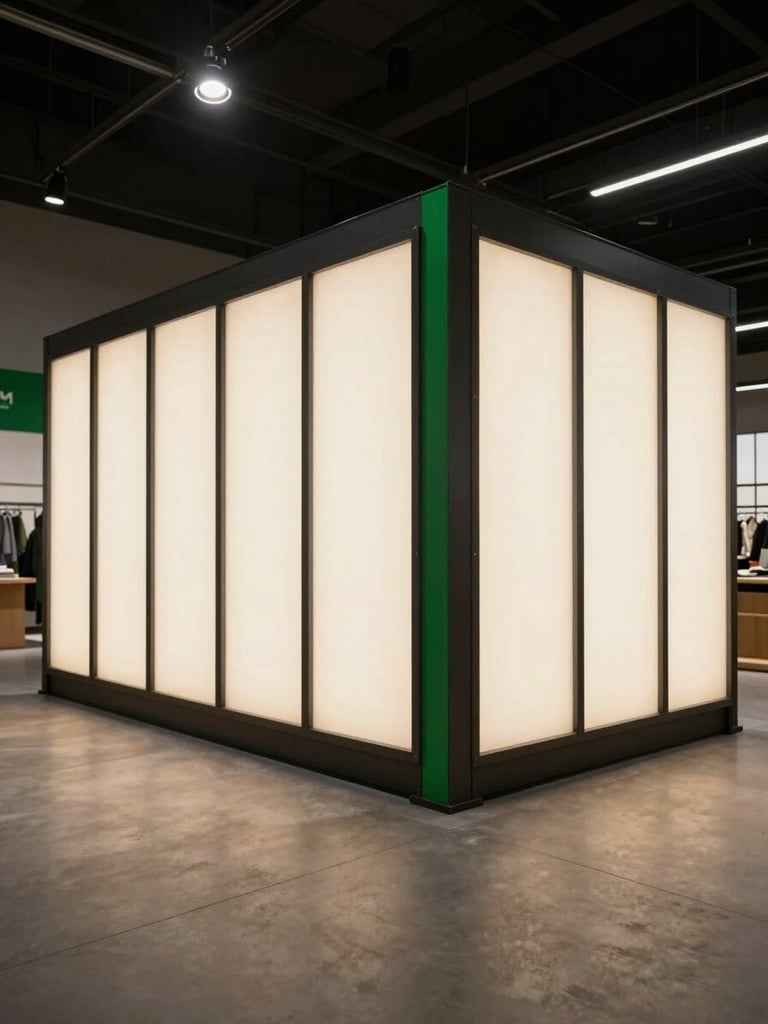 Wide environmental shot from the right edge of a large-format retail installation — illuminated branded corner booth with dark powder-coated steel frame and backlit panel graphics, anchored in a spacious retail floor under dramatic overhead spotlights; camera positioned low-left to show scale and fabrication depth, no people, no text visible, deep charcoal tones with vibrant green accent strip along the booth's vertical edge catching the light