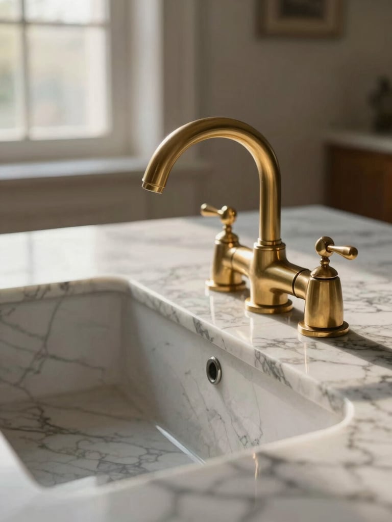 Extreme close-up of a beautifully veined Calacatta marble countertop with a polished brass faucet, warm natural morning light streaming through a nearby window, soft focus, architectural digest style.