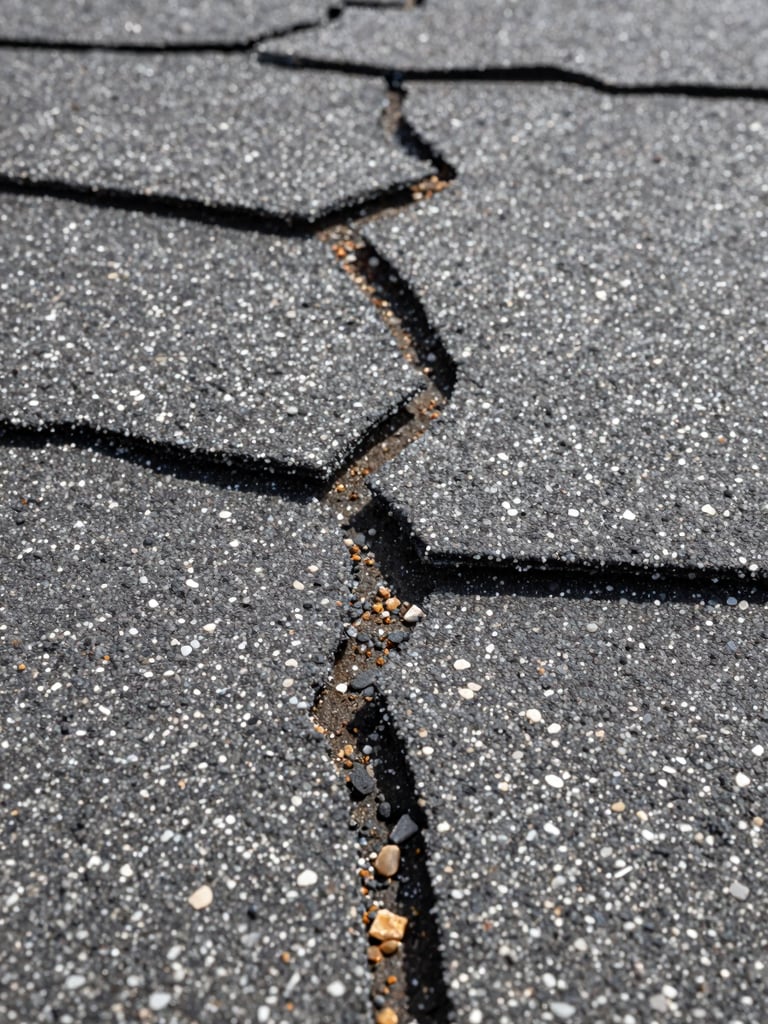 Extreme close-up of severely cracked asphalt shingles with granule loss and exposed substrate, shot in flat overcast daylight, filling the full frame edge-to-edge, no sky visible, texture dominant