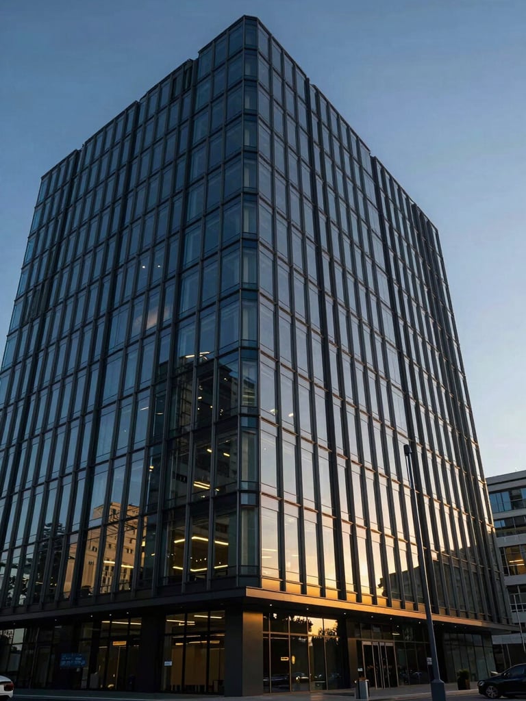 High-contrast architectural shot of modern clean-energy corporate headquarters, dramatic shadows, cool blue ambient light with warm yellow reflections on the glass facade