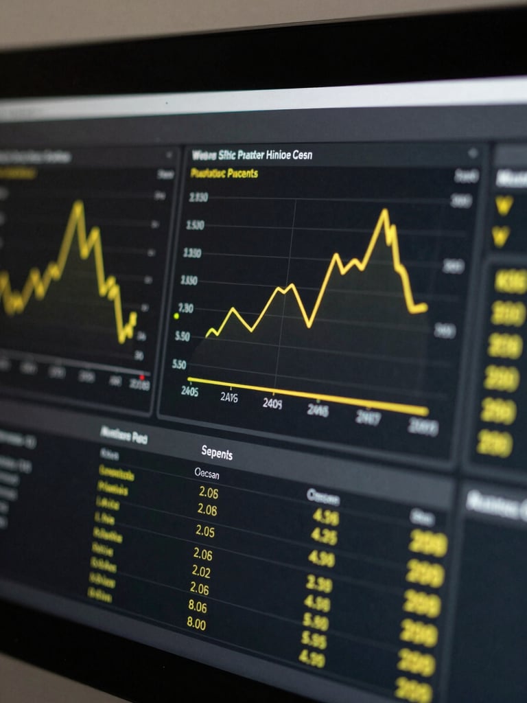 Macro close-up of a high-end dark interface showing clean vector data visualizations and performance metrics with subtle yellow highlights, studio lighting.
