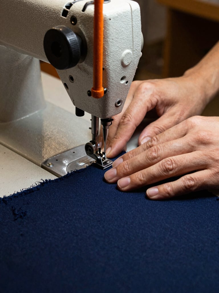 Close-up of industrial sewing machine in action, orange thread tensioner, hands guiding heavy navy canvas fabric under needle, warm high-contrast workshop lighting, 35mm