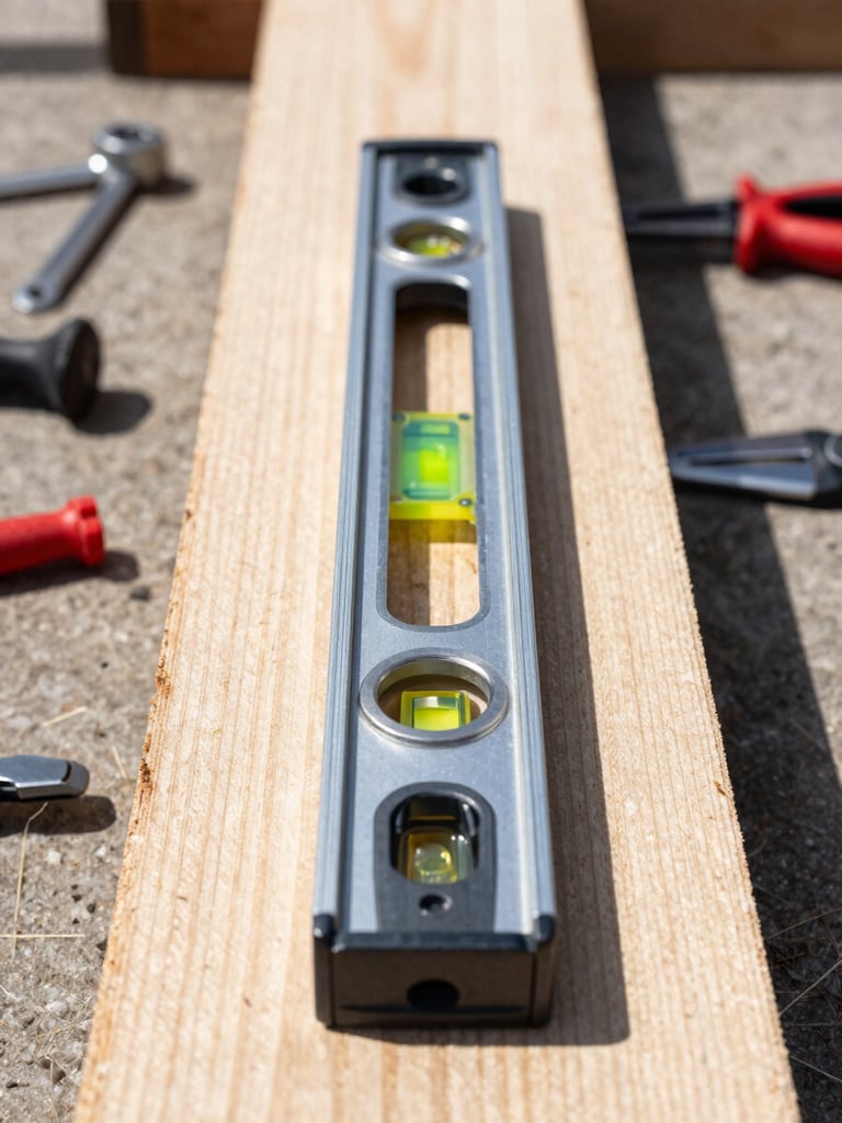 Straight-on, high-contrast shot of a spirit level resting perfectly centered on a freshly cut timber joint, bright natural daylight, organized tools visible in the background.