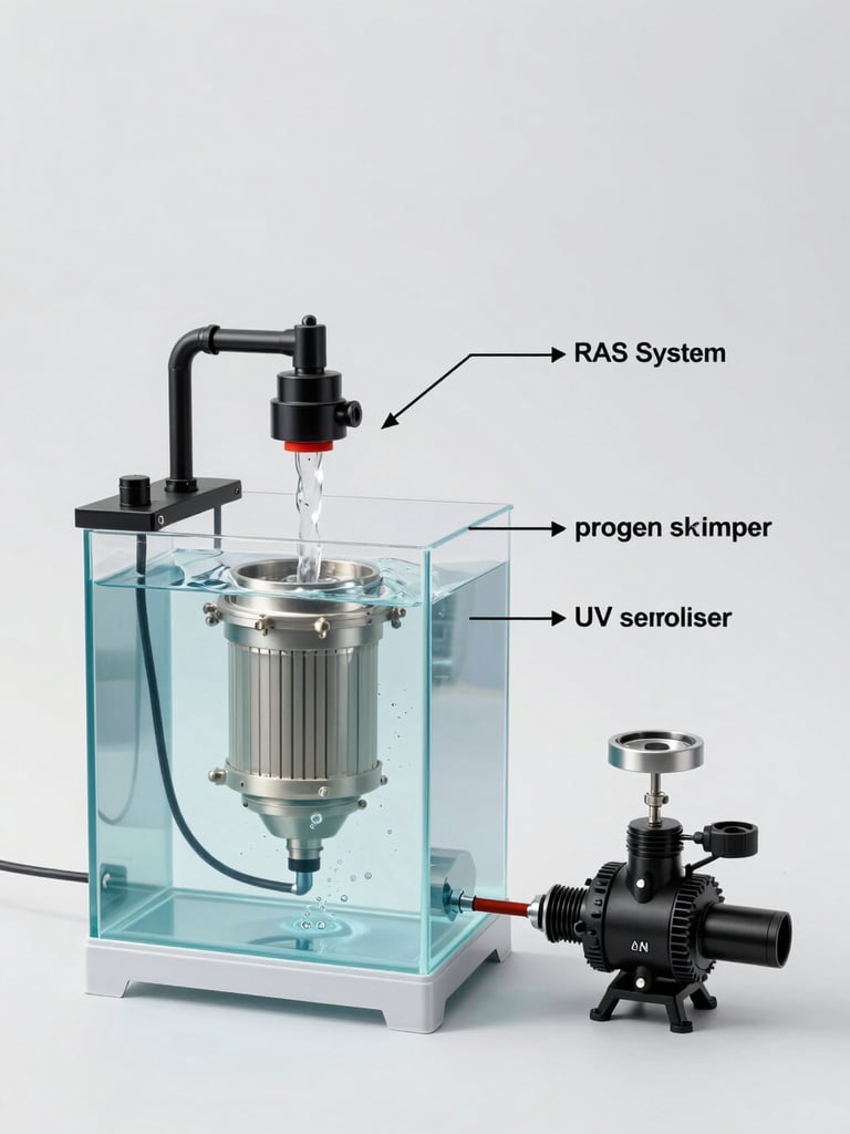 Technical cutaway diagram of a complete RAS system flow: fish tank feeding into a drum filter unit, water flowing to protein skimmer, then to UV steriliser, then returning to tank via pump, components labelled with arrows, clean white engineering drawing style on light grey background, no people, no decorative elements