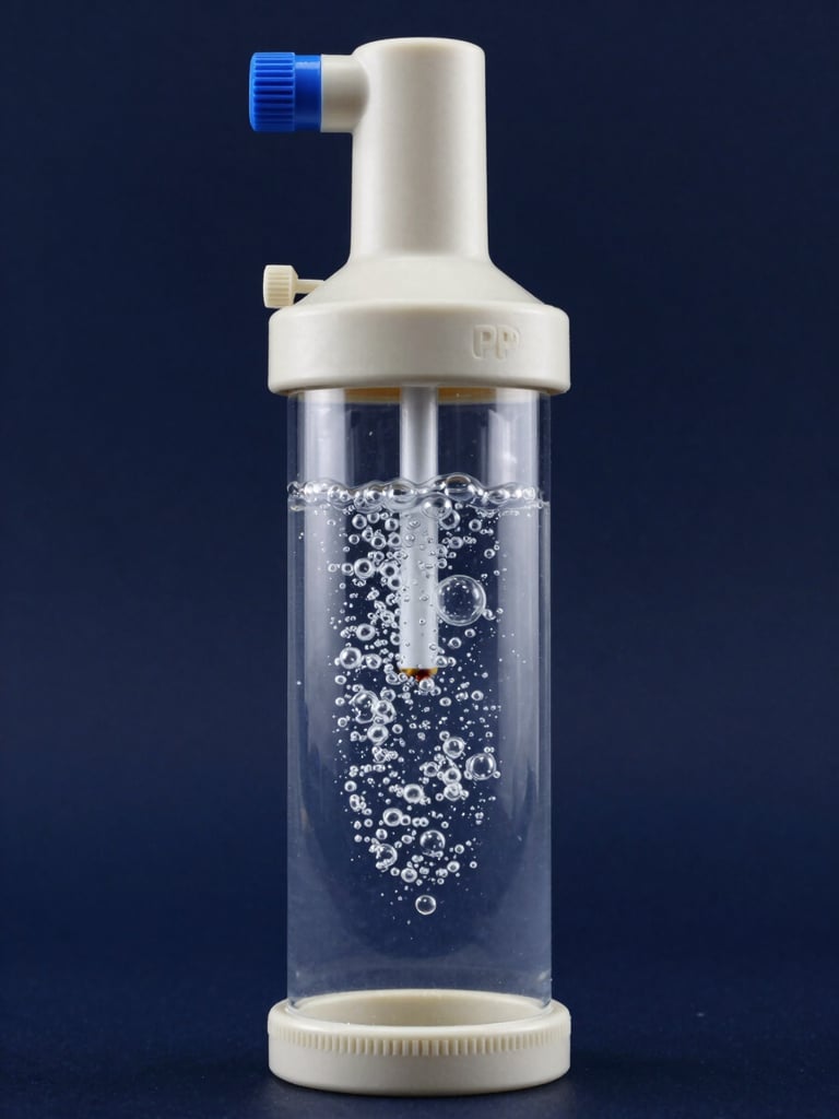 Close-up front-angle 3D render of a cylindrical protein skimmer unit, off-white PP body with a transparent acrylic reaction chamber showing fine bubble column, blue airline fitting and output elbow visible at top, shot against a clean deep-navy background, bright even studio lighting, no shadows or reflections, full vertical frame showing the unit from base to collection cup neck