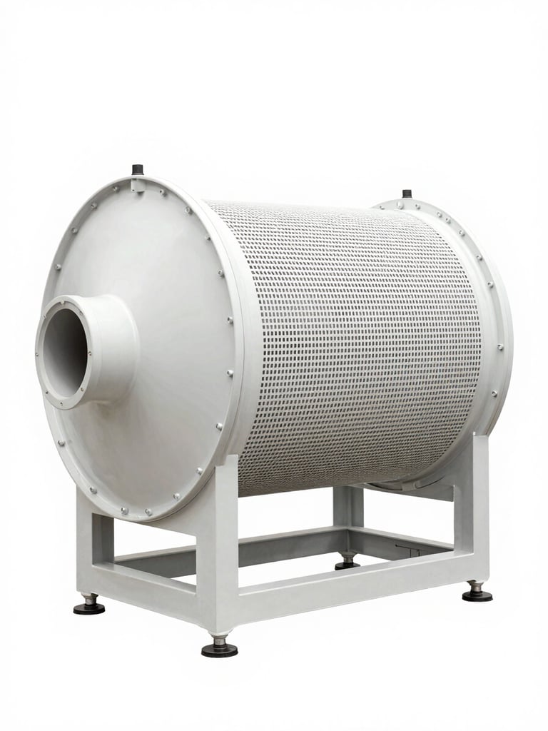 Head-on 3D rendering of an industrial drum filter unit — a large horizontal rotating drum cylinder with fine horizontal slot screen lines and inlet/outlet flanges, white PP material body on a transparent background, bright even studio lighting, no shadows, tight crop showing full drum volume and construction detail, scale indicator visible at base