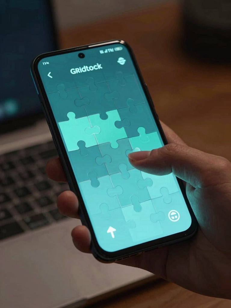 Close-up of a hand cradling an Android phone in a dim room lit only by the device screen at 11 PM, the Gridlock puzzle interface glowing with cool teal-tinted UI elements, fingers poised mid-gesture on the glass