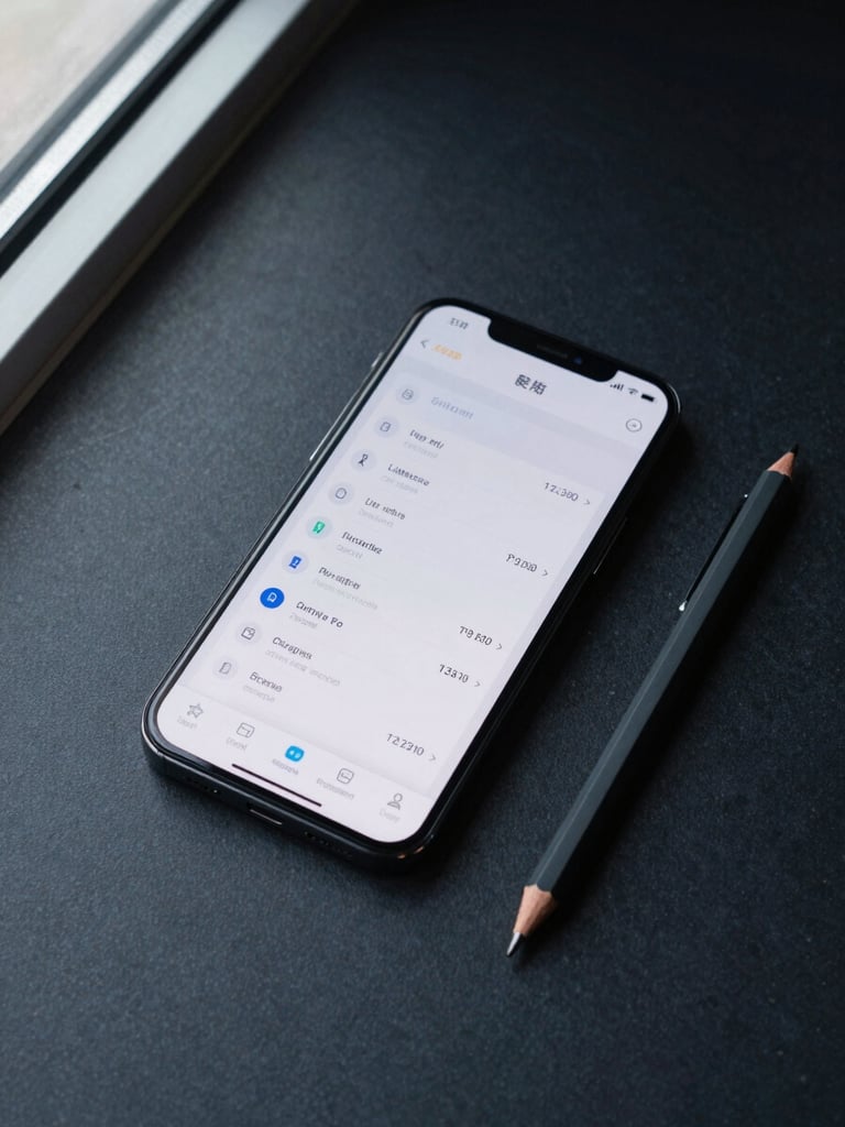 Overhead flat-lay of an Android phone on a dark matte surface, an app interface showing clean data and minimal UI visible on screen, shot under cool daylight from a high window casting sharp shadows, no clutter, only the device and a single mechanical pencil beside it