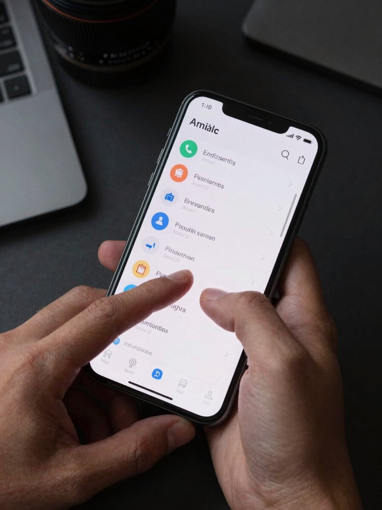 Close-up overhead flat-lay of an Android phone held in one hand, app interface visible mid-interaction, cool studio strobe light raking across the screen at a low angle, dark desk surface, finger mid-gesture on the glass