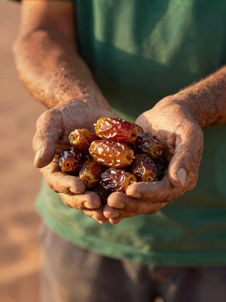 Close-up of a farmer's weathered hands holding a cluster of freshly harvested, glistening amber dates under warm golden-hour sunlight